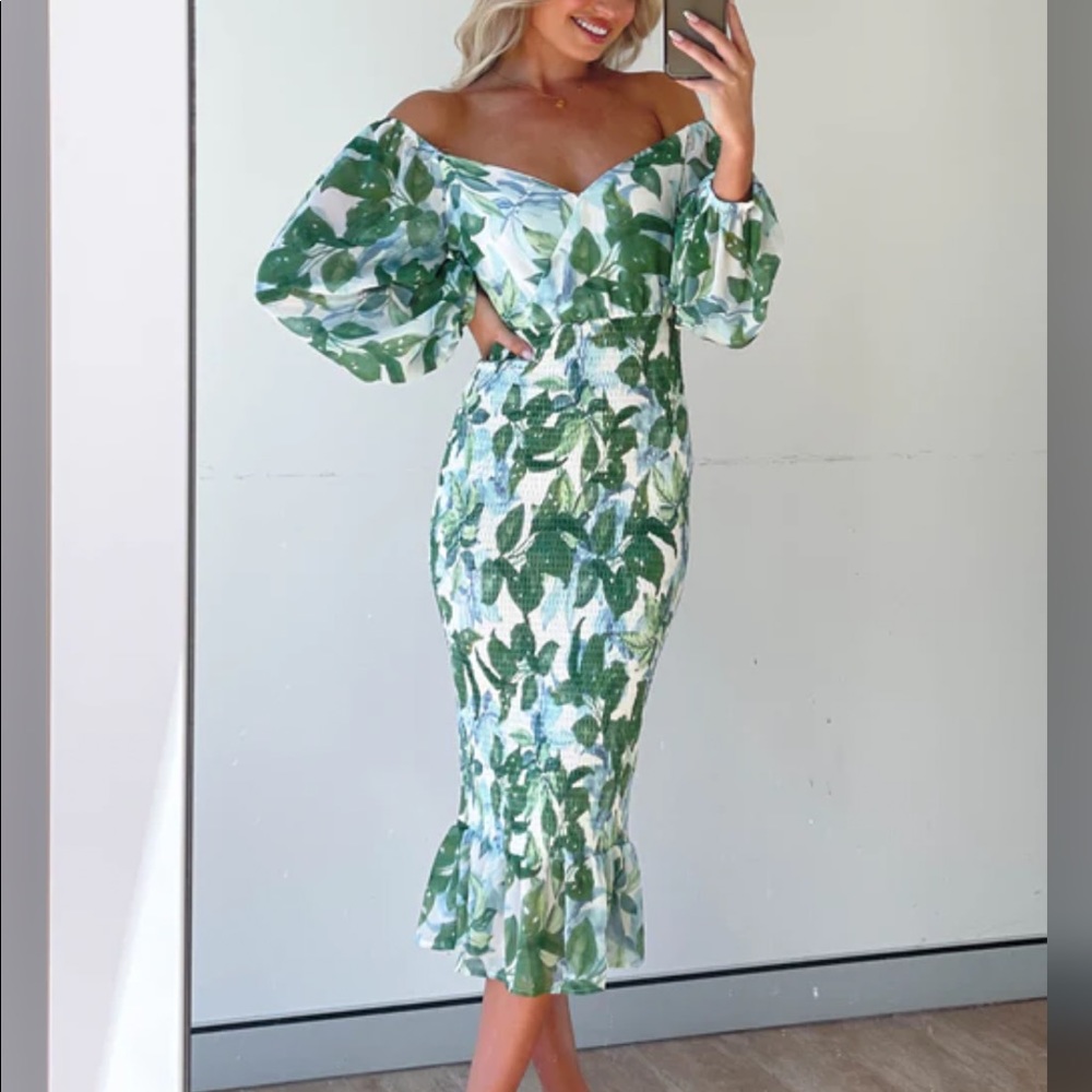 NEW Talya Smocked Midi Dress - green leaf